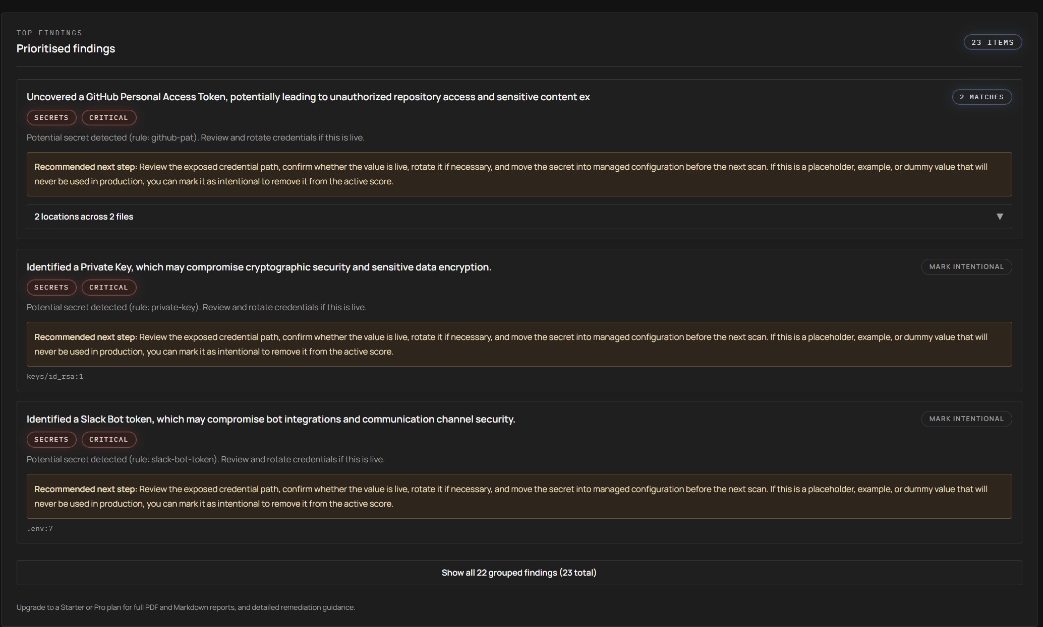 Repo Watch top findings view highlighting the most important issues in a repository